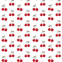 Seamless Cute Cherry Pattern with Leaves, Minimal Flat Vector Background