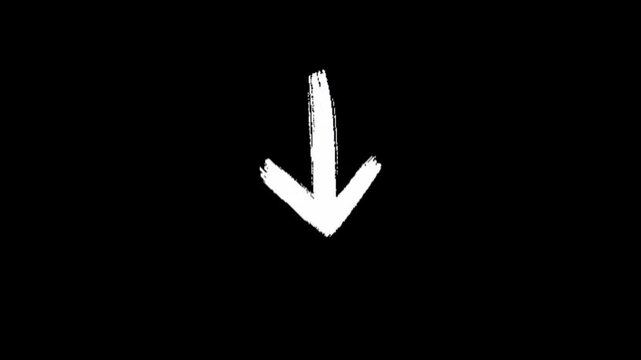 A white, chalk-style hand-drawn arrow with a rough texture, pointing downwards in a bold, sketching animation.
