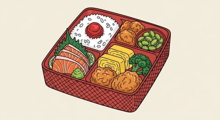 Japanese Bento Box Lunch with Salmon Sashimi, Rice, Tamagoyaki, and Fried Chicken