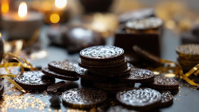 Rich dark chocolate coins scattered with gold glitter and lit by warm candlelight