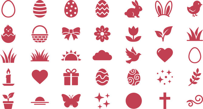 Collection of various Easter and springthemed icons in a vibrant red hue.