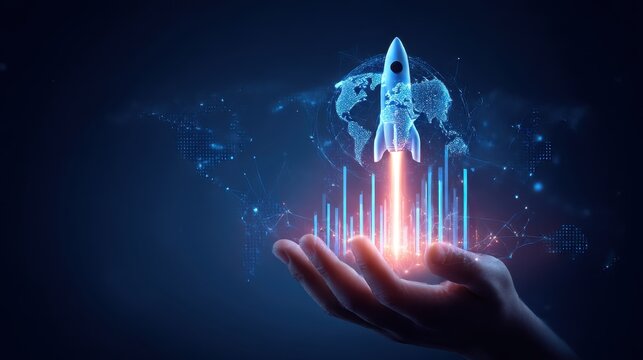 Startup business concept with rocket launch from human hand over global digital map background