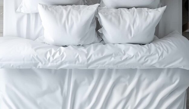 modern white bedroom from above, top-down aerial view, crisp white bedding with multiple white pillows arranged on bed with white wooden headboard