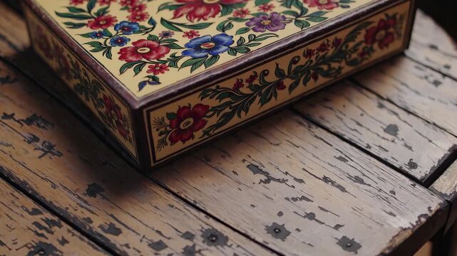 The decorative box rests on a weathered wooden table, showcasing vibrant flowers and intricate designs. The box features various colors, reflecting artistic craftsmanship and detail.