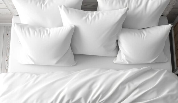 modern white bedroom from above, top-down aerial view, crisp white bedding with multiple white pillows arranged on bed with white wooden headboard