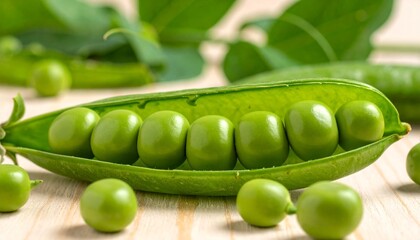 Fresh Organic Green Peas in Open Pod on Wooden Background
