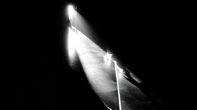 Central subject emerging from deep darkness under sudden hard light, with edges barely visible, creating a stark, high-contrast scene focused on isolation, revelation, and dramatic visual tension.
