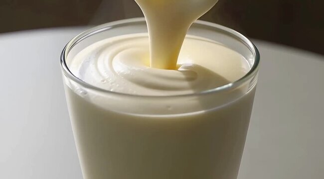 Pouring creamy white yogurt into glass healthy breakfast dairy smoothie