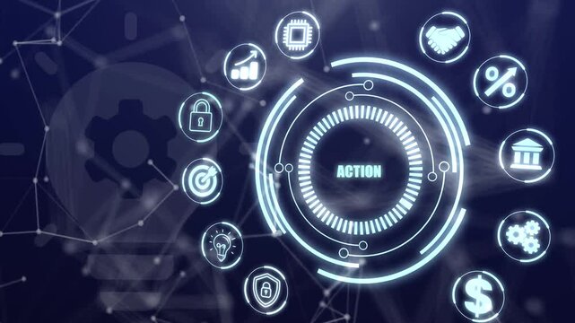 Business action plan dashboard with mechanical gear icons and execution metrics for a smart business networking system.