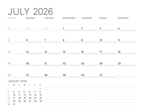 July 2026 Monthly Calendar Template for Planning and Organization provides optimal layout for structured task lists and weekly deadlines. Week starts on Sunday. Ideal for remote work