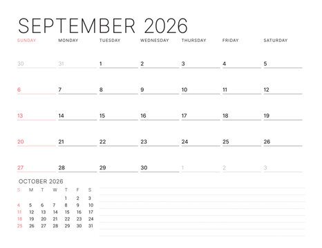 September 2026 Monthly Calendar Template for Planning and Organization improves focus and weekly task tracking with open design. Week starts on Sunday. Works well in corporate teams