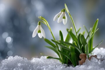 Delicate snowdrops blooming through winter snow in early spring