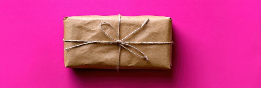 Brown paper parcel tied with string on bright pink background
