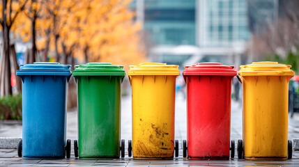 Naklejka premium Five colorful wheelie bins stand in a neat row on an urban sidewalk with autumn trees and blurred buildings behind.
