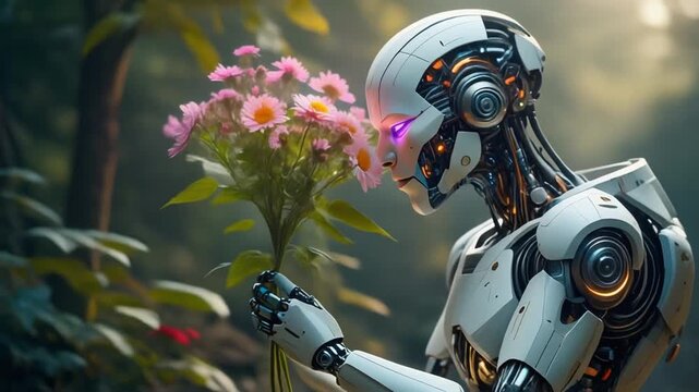 Advanced Android Robot Holding and Sniffing Pink Flowers in a Lush Natural Setting