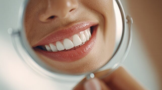 Woman admiring perfect white teeth in mirror, showing beautiful smile confident and health dental