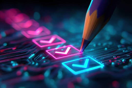 Stunning photo of Digital checklist and security verification concept with pencil marking check boxes on high-tech circuit board background