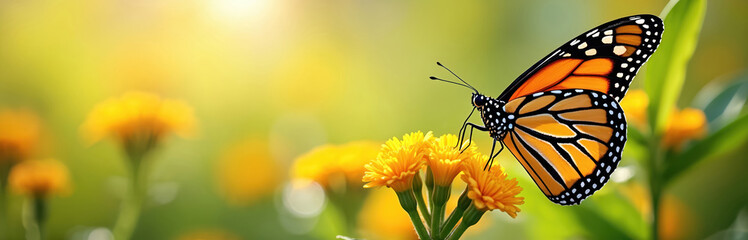 Fototapeta premium Monarch butterfly feeds on bright yellow flowers in green garden. Insect rests on blossom underside sunlit meadow. Animal wings show orange black pattern. Nature scene.