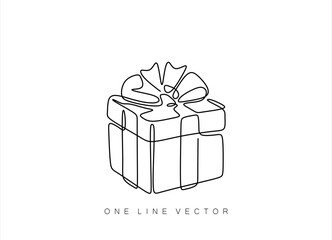 One Continuous line drawing of Birthday Gift box with ribbon and bow. Festive present and wrapped surprise package in simple linear style. Hand drawn one line vector. Editable stroke	