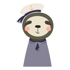 Obraz premium Cute little sloth sailor isolated on transparent. Kawaii cartoon character. Hand drawn flat vector illustration. Kids nautical design element, clip art, fashion print, poster, wall art