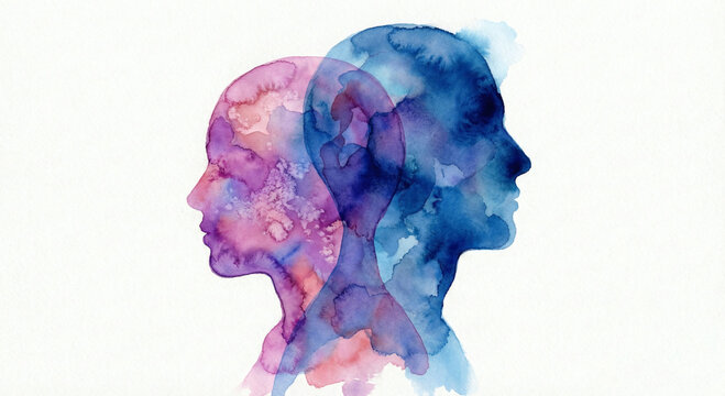Psicologia e coscienza rappresentate con silhouette ad acquerello