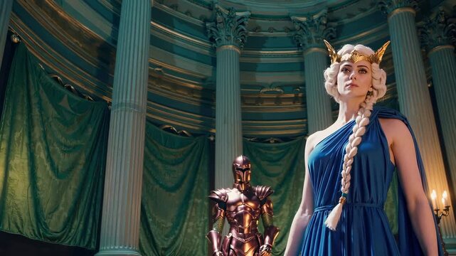 A woman stands in a grand hall, wearing a blue gown and a crown. Next to her, a robot in armor poses, complementing the hall's ornate pillars and drapes.