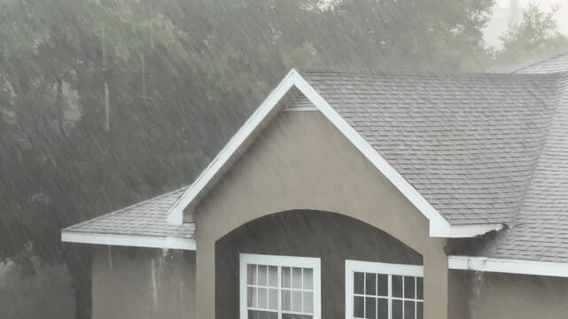 Intense rain runs off the roof and gutters of a residential building. The gray sky and heavy water flow show a strong storm in progress.