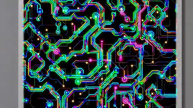 The image features a colorful circuit board design. Brightly colored lines and nodes create an intricate pattern of circuits.