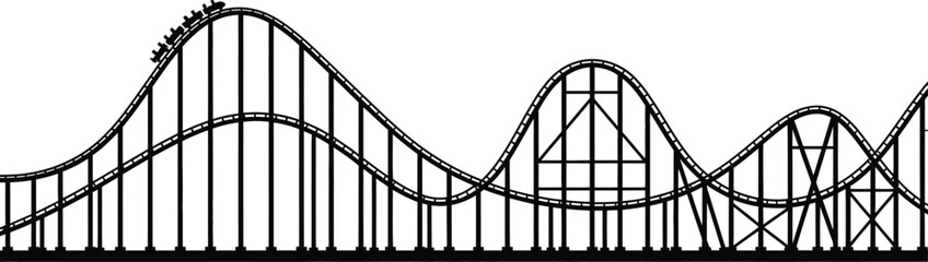 Silhouette graphic depicting a classic steel rollercoaster track with a small train cresting the highest peak against a stark white background illustrating thrilling amusement park rides.