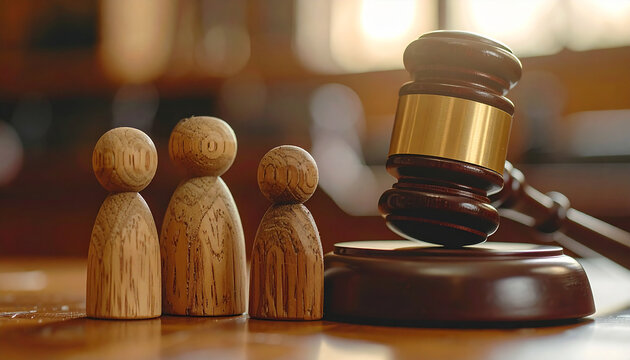 Wooden family figures beside judge gavel. Family law and protection, blurred courtroom background.
