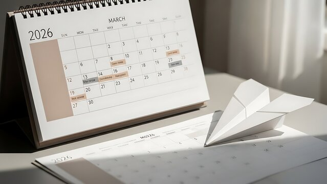 A crisp white paper airplane rests near a coiled desk calendar showing the month of March in the year 2026