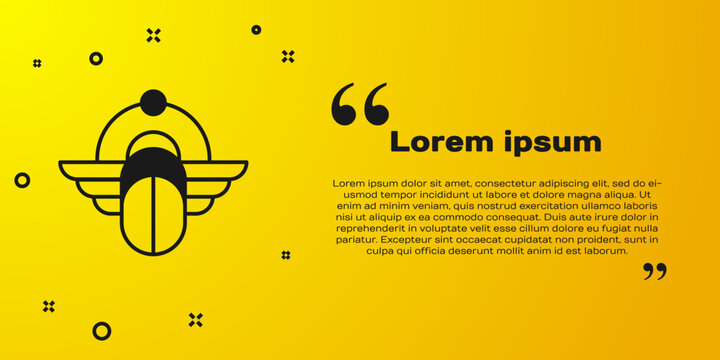 Black Egyptian Scarab icon isolated on yellow background. Winged scarab Beetle and sun. Vector