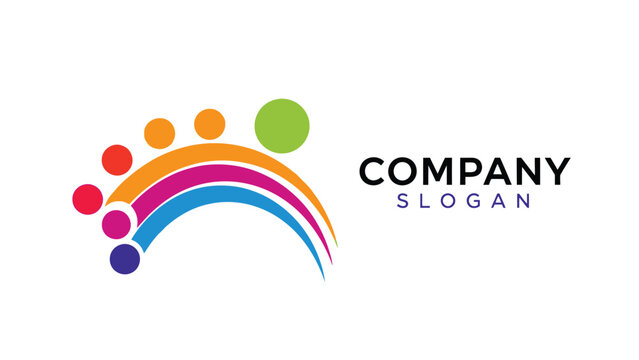 Colorful abstract logo design featuring an upward sweeping rainbow arc with distinct round elements