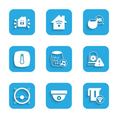 Set Voice assistant, Motion sensor, Smart electric kettle, Ringing alarm bell, Robot vacuum cleaner, Thermostat, and home icon. Vector