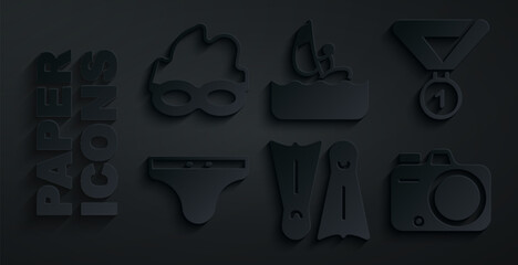 Set Flippers for swimming, Medal, Swimming trunks, Photo camera, Windsurfing and Glasses icon. Vector © Kostiantyn