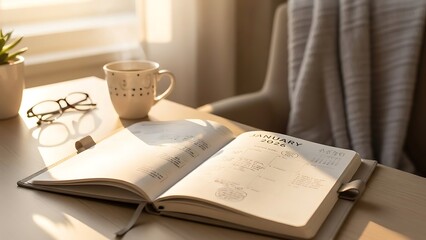 An open physical planner displaying the month of january 2026 sits on a sunlit wooden desk beside coffee.
