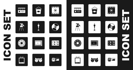 Set Play Video, Movie trophy, Tripod, clapper, CD or DVD disk, Popcorn in box, Online play video and Camera shutter icon. Vector