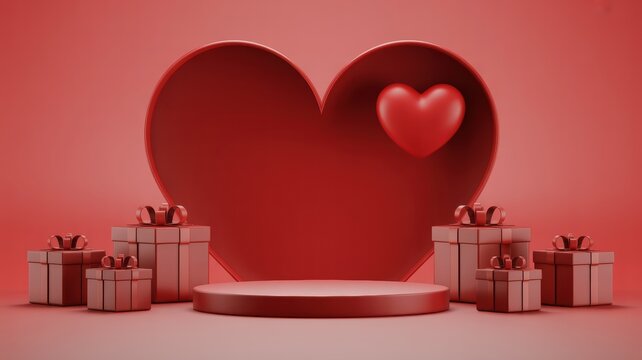 A sophisticated studio display in rich red tones featuring a large heart shaped background with a smaller decorative heart a round pedestal and multiple gift boxes ideal for romantic occasio