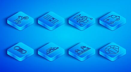 Obraz premium Set line Mountain bike, Ski and sticks, Snowmobile, Formula 1 racing car, Snowboard, Ambulance emergency, Climber rope and Parachute icon. Vector