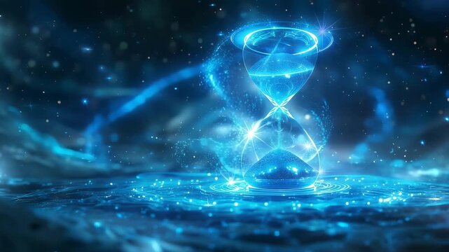 Futuristic glowing blue hourglass hologram in cosmic space 4k cinematic motion footage