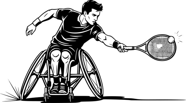 A wheelchair tennis player in a dynamic leaning pose, hitting a forehand shot.
