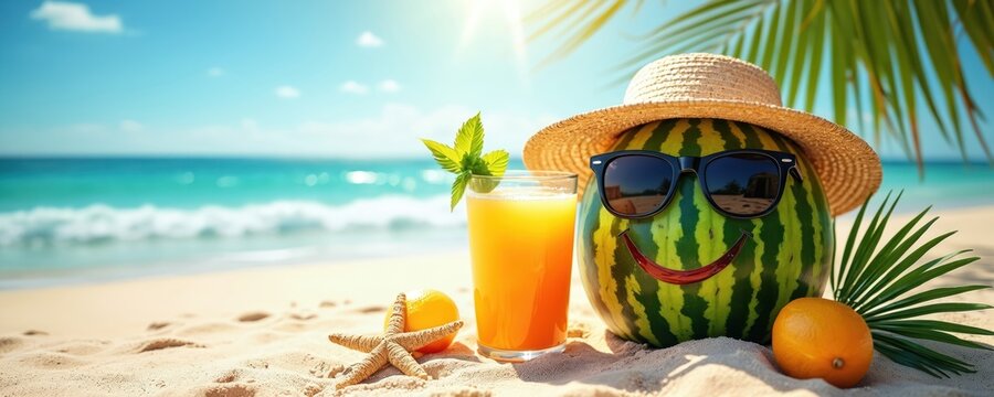 Watermelon character with sunglasses and straw hat sits on sandy beach next to orange juice glass. Ocean waves and blue sky create summer vacation backdrop. Exotic fruit drink and starfish nearby.
