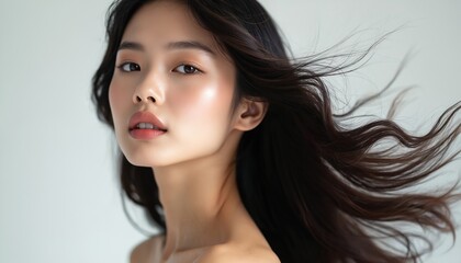 Young asian woman with dark long hair, styled gently blowing in wind. She has makeup on lips and cheeks. Natural beauty, soft glow. Studio portrait.