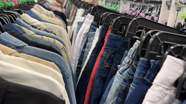 Close-up view of denim jeans and casual pants hanging on black plastic hangers in a clothing store. Different washes and colors show a mix of styles and sizes for shoppers.