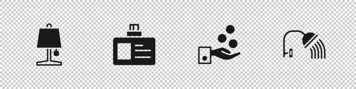Set Table lamp, Identification badge, Paying tips and Shower head icon. Vector