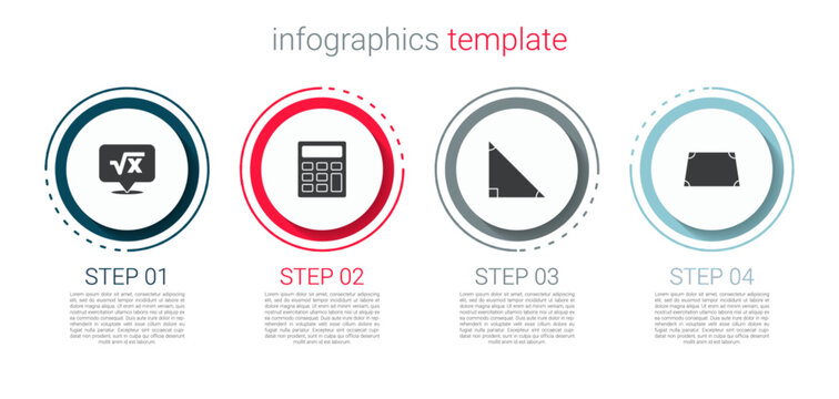 Set Square root of x glyph, Calculator, Triangle math and Acute trapezoid shape. Business infographic template. Vector