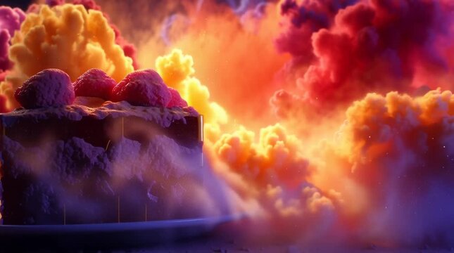 Slice of red velvet cake on plate surrounded by vibrant colorful powder clouds exploding in dark studio space with dramatic lighting Concept for creative dessert advertising