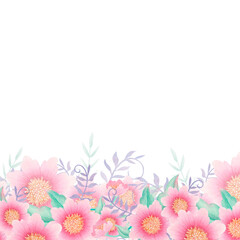 Watercolor floral wreath with pink flowers and green leaves on white background. Soft hand-painted botanical style, ideal for wedding invitations, cards, posters, branding, and romantic decor.