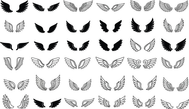 Wing silhouette set illustrations, Collection of diverse wing illustrations, from simple to ornate, for creative projects