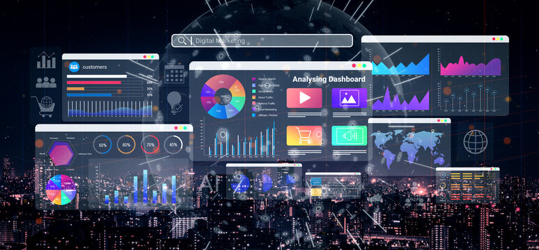 Colorful data dashboards with graphs, charts, and marketing metrics representing online campaign performance and business intelligence Parse